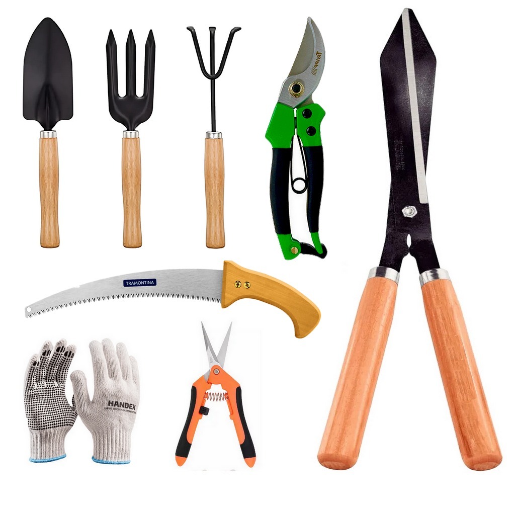 Kit Tesoura, alicate serrote Poda tesourão  Com Trava De Segurança luva jardinagem jardim