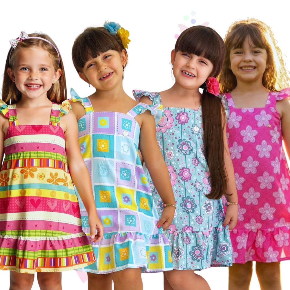 Kit com 4 Vestidos Infantil Feminino Estampado Confortável e Estiloso Do 1 ao 8 Moda Infantil