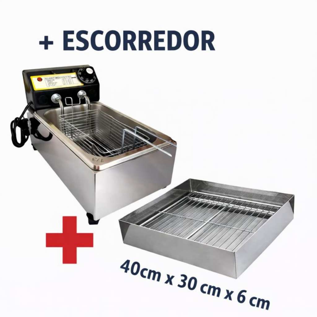 Fritadeira Elétrica Profissional 3,5L + Escorredor Inox 40x30