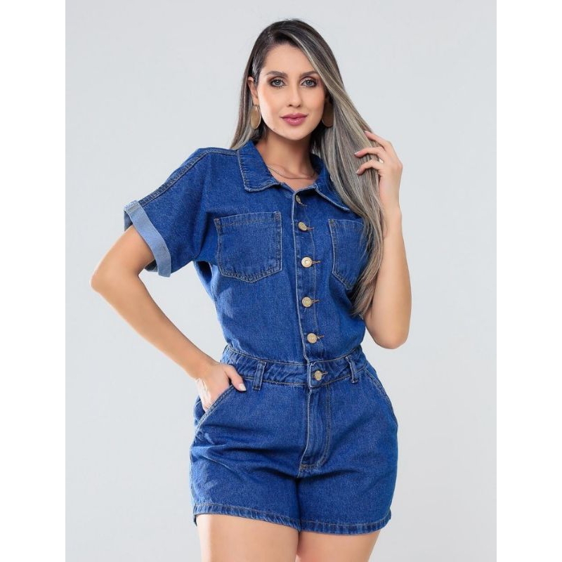 Macaquinho Jeans Feminino Com Bolso Manga Botões