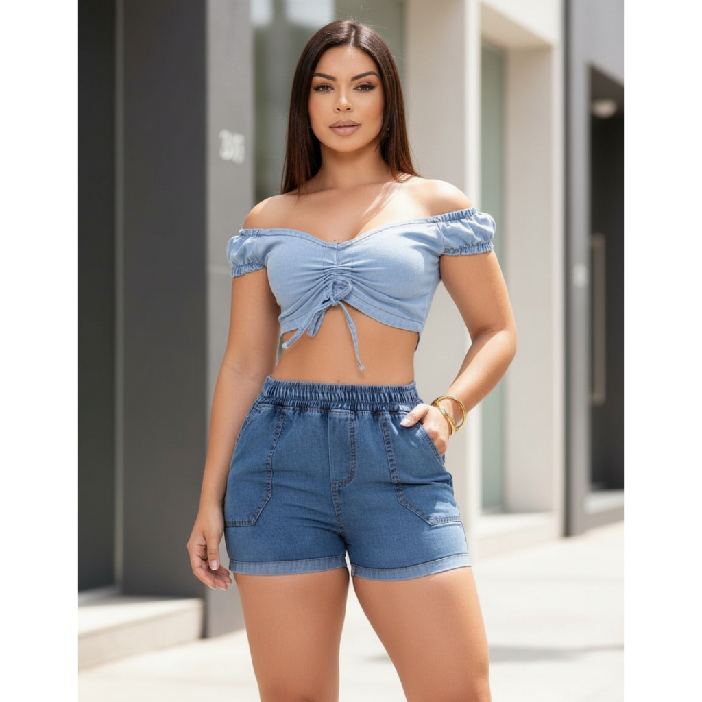 Short Jeans Curto Feminino com Elástico na Cintura (Bermuda / Shortinho) - EWF