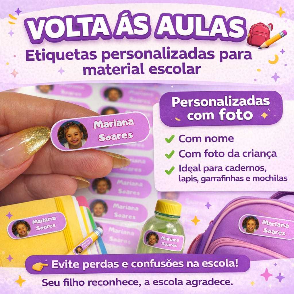 ENVIO RÁPIDO - Kit 72 Etiquetas Escolares Personalizadas com Foto da Criança para Material Escolar em Oferta na Shopee