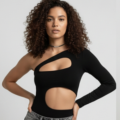 Body Feminino Manga Longa Assimétrico Recorte Busto e Barriga Moda Gringa Estilosa Suplex