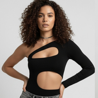 Body Feminino Manga Longa Assimétrico Unidade ou Kit Recorte Busto e Barriga Moda Gringa Estilosa Suplex