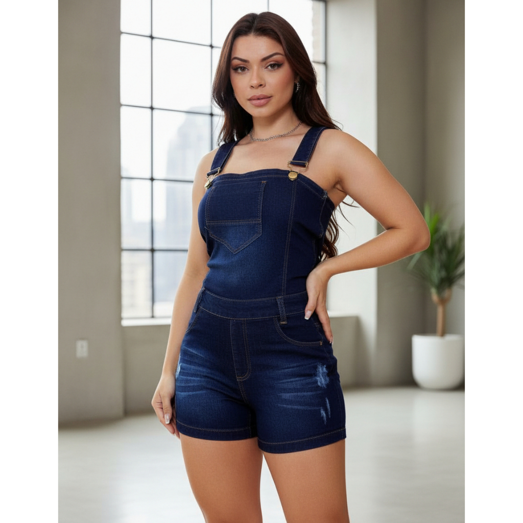 Jardineira Curta Macaquinho Jeans Macacão Short Curto Alça Regata - EWF - Azul Escuro