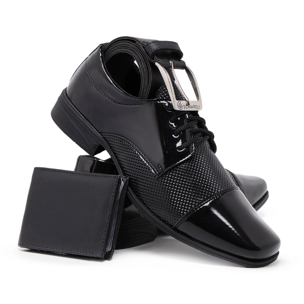 Kit Sapato Social Masculino Oxford Com Cinto E Carteira Verniz Brilhante Esporte Fino Bico Quadrado