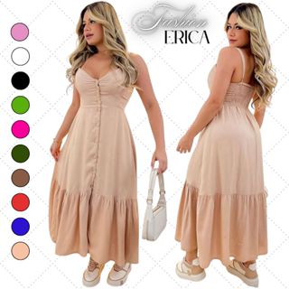 Vestido Feminino  Mídi Casual Soltinho Com  10  Botões Alça Regulável em Oferta na Shopee