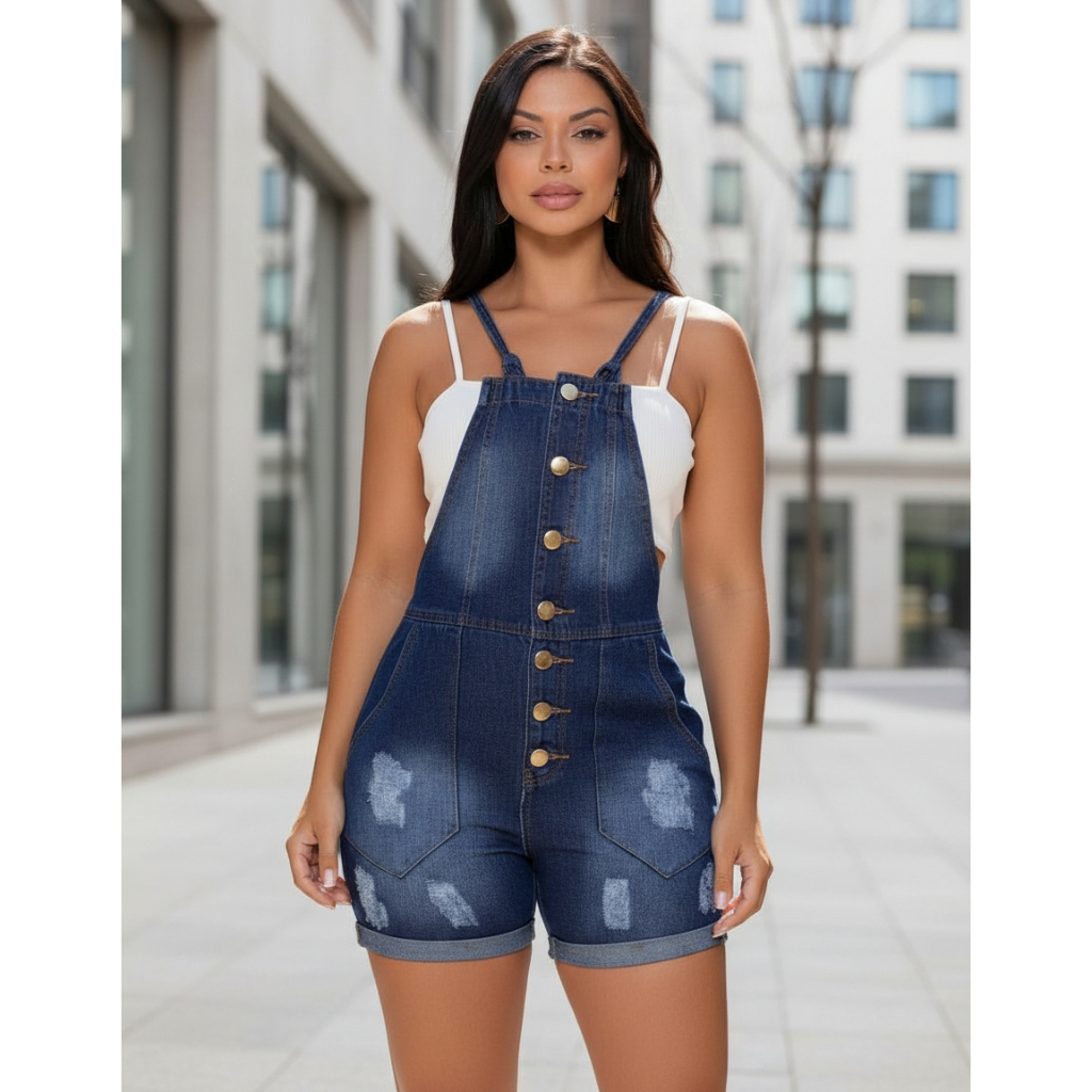 Macaquinho Curto Jardineira Short Feminina Jeans Retrô - EWF - Azul Escuro