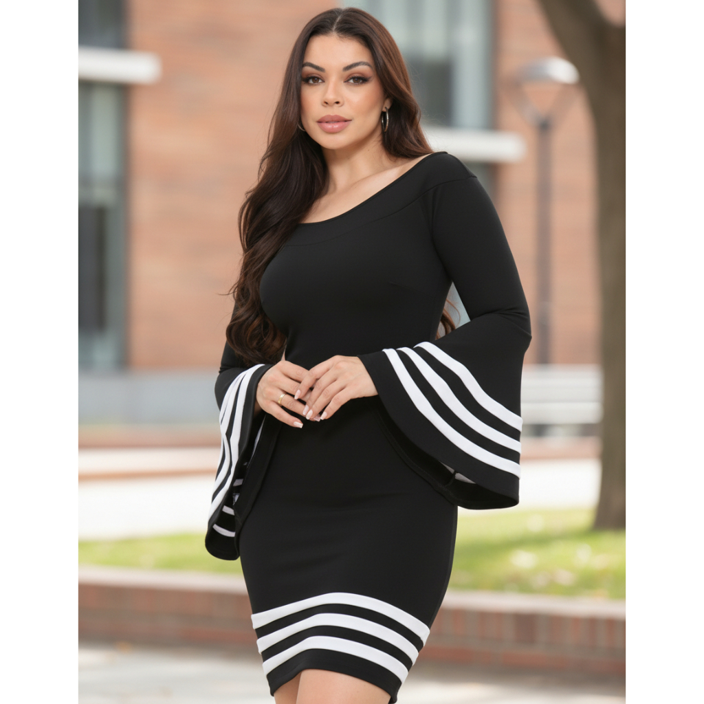 Vestido Curto Manga Flare com listras Vintage Pin-Up Sexy - EWF - Preto