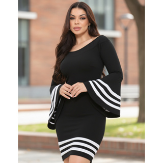 Vestido Curto Manga Flare com listras Vintage Pin-Up Sexy - EWF - Preto