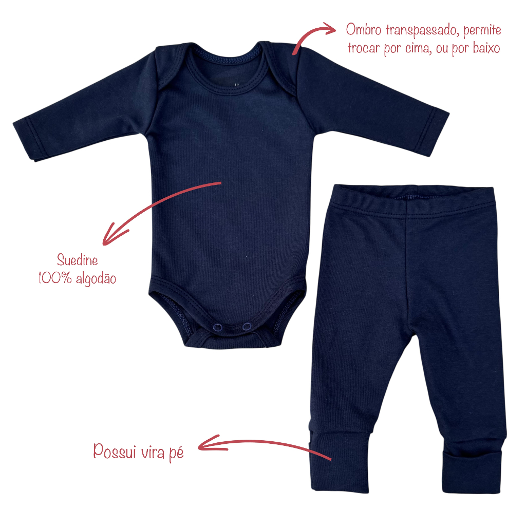 Kit 3 peças macacão body e calça PREMATURO básico azul marinho - Suedine 100% algodão — imagem 2 de 2
