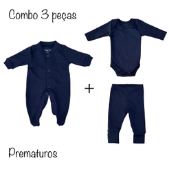 Kit 3 peças macacão body e calça PREMATURO básico azul marinho - Suedine 100% algodão