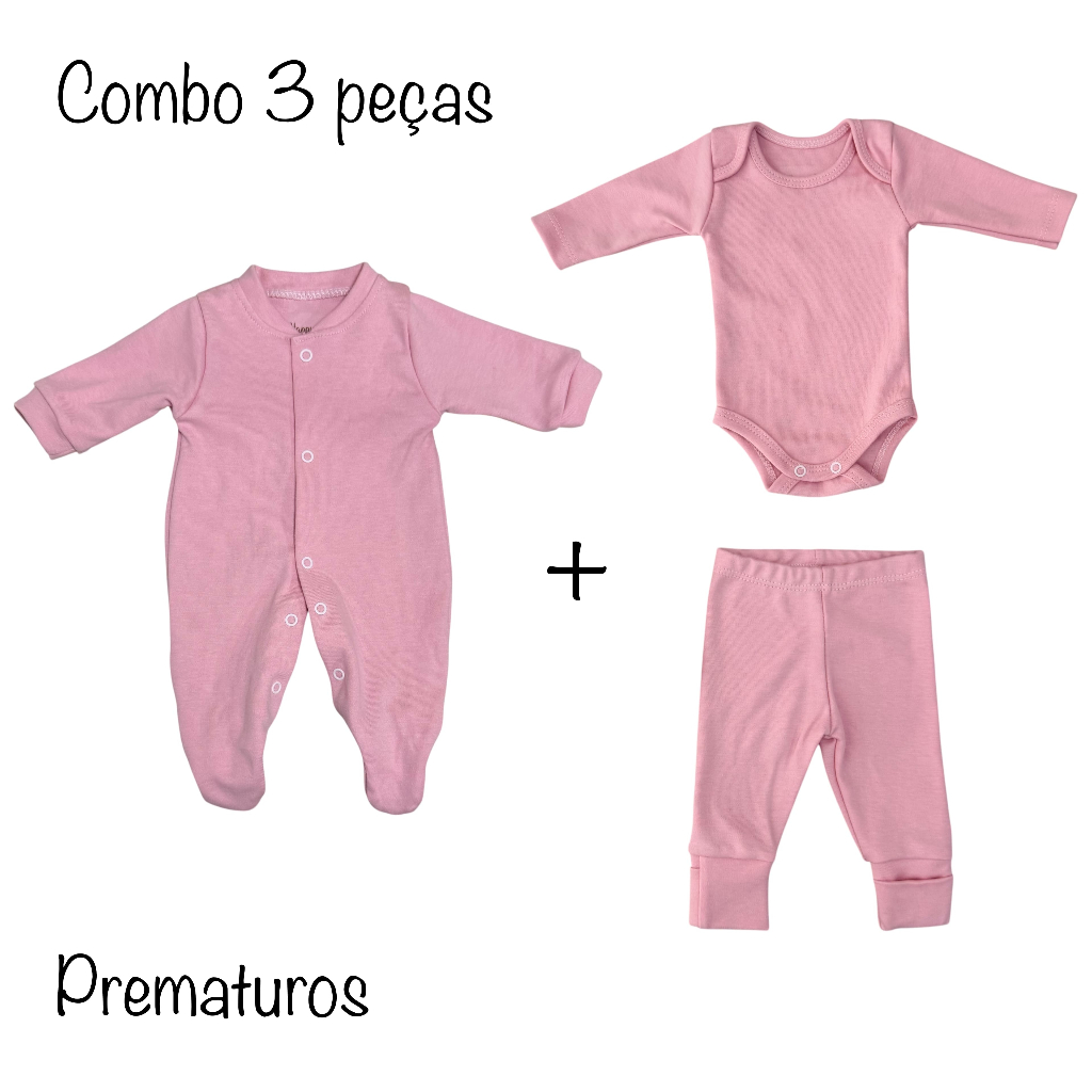 Kit 3 peças macacão body e calça PREMATURO básico rosa chiclete - Suedine 100% algodão