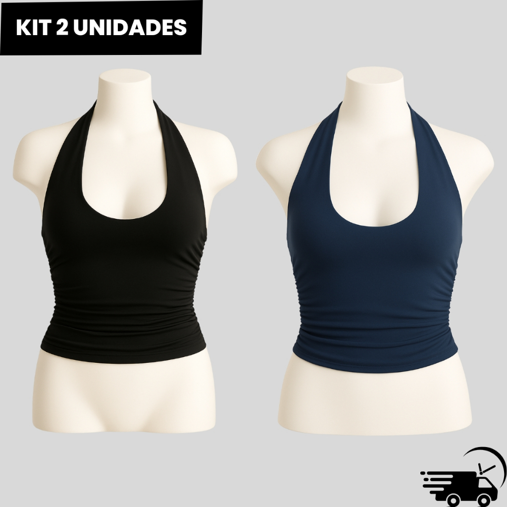 Kit 2 Blusa Cropped Feminino Frente Única Costa Nua Franzido Justo