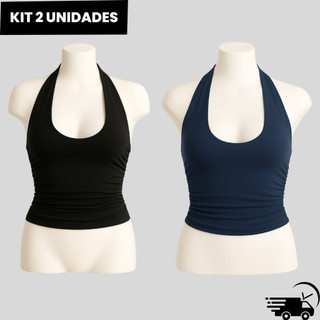 Kit 2 Blusa Cropped Feminino Frente Única Costa Nua Franzido Justo