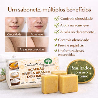 3 sabonetes clareadores açafrão dolomita e argila branca clareador de manchas e regiões escuras em Oferta na Shopee
