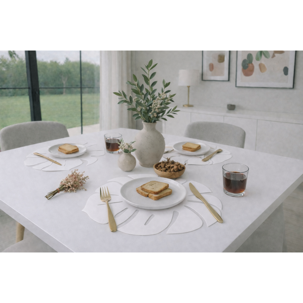 Kit Jogo Americano Mesa Sousplat  Folhas 6 Peças  Branco