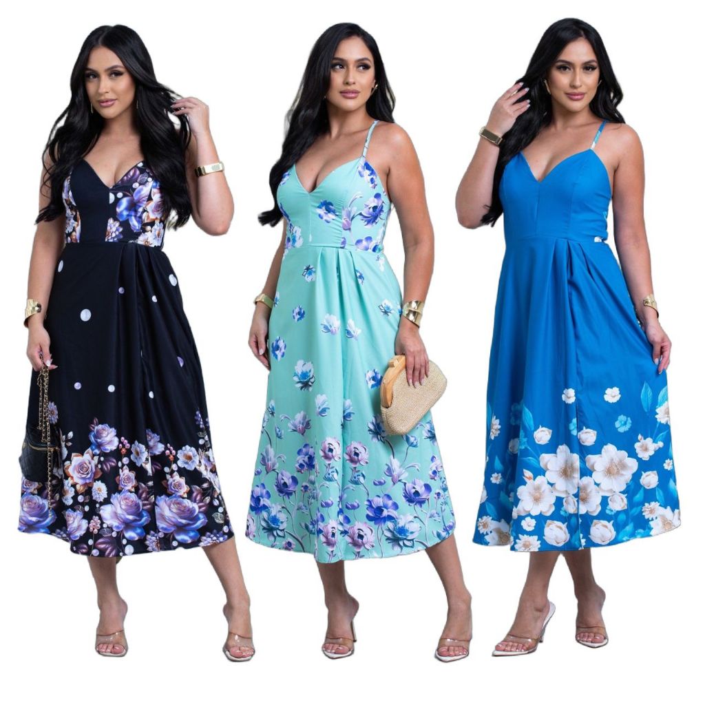 Vestido Midi Alcinha Estampa 3D, com Bojo de amarrar na costa  Elegante em Oferta na Shopee