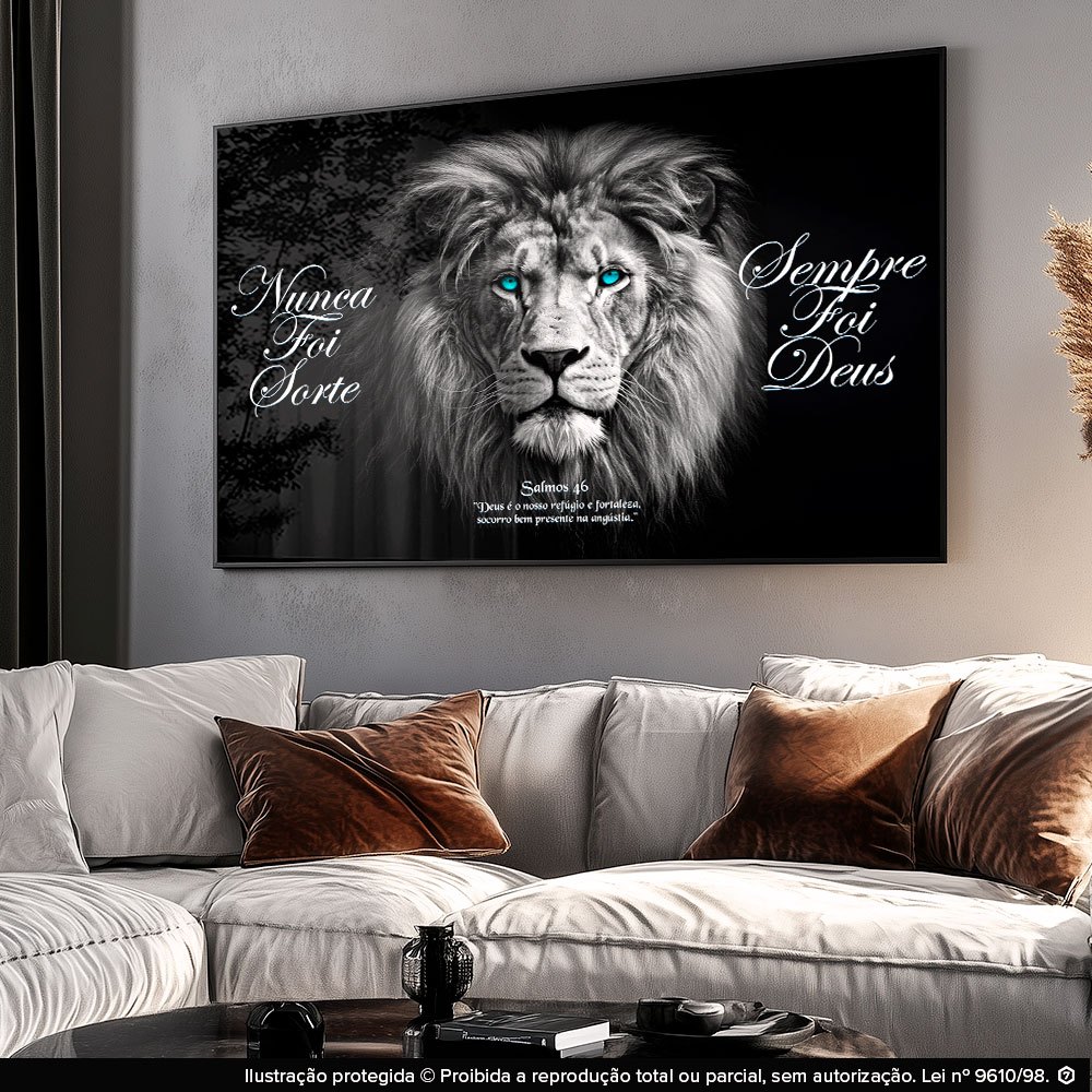 Quadro Decorativo Leão Nunca foi Sorte Sempre Foi Deus Frase Religiosa Salmo Sala Quarto Escritorio