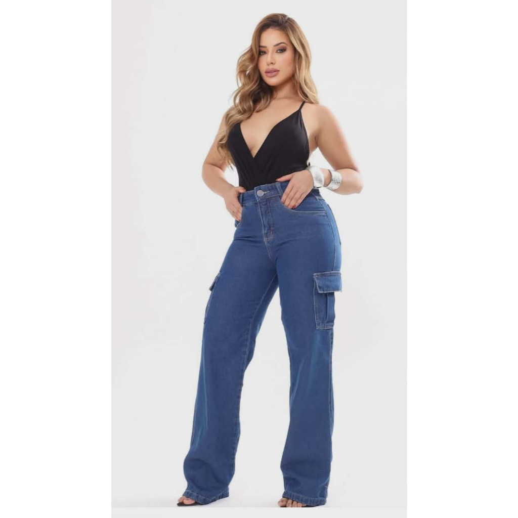 calça jeans cargo grafite ou jeans azul escuro feminina empina bumbum super tendencia
