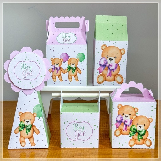 Personalizados Ursinho - Ursinha Chá de Bebê / Chá Revelação Verde e Lilás  - PEGUE E MONTE Lembrancinha