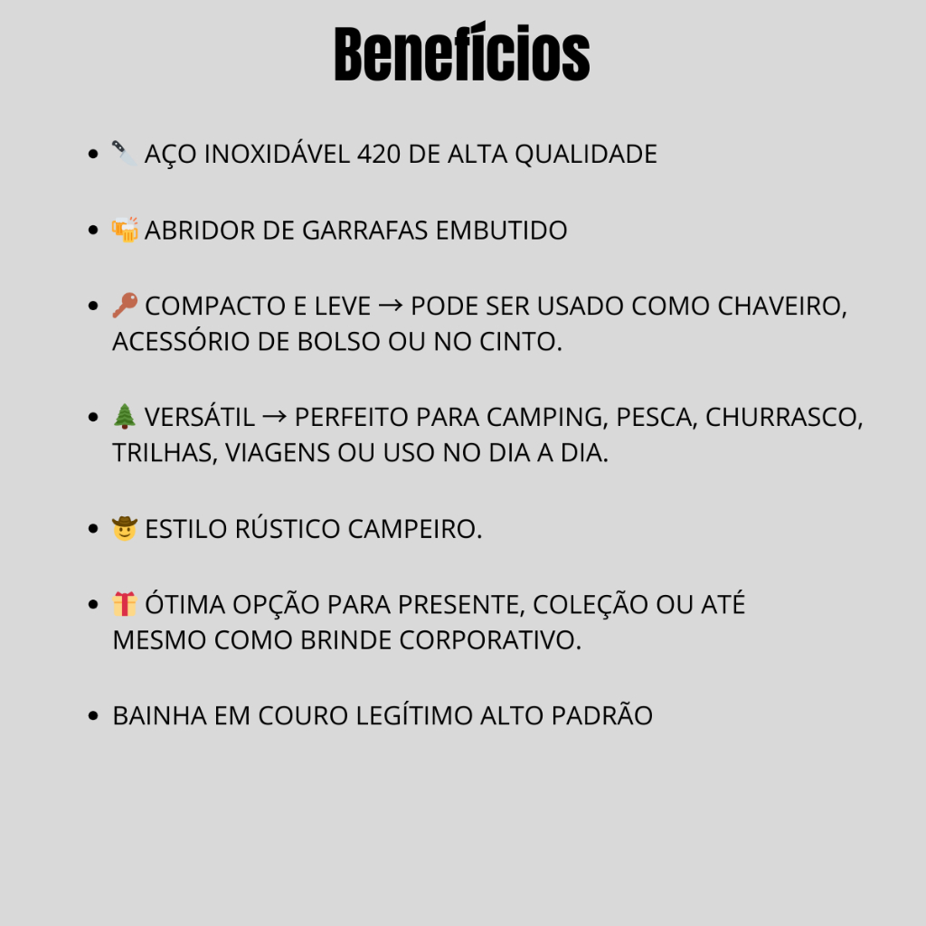 Faca Mini Canivete Chaveiro Campeira com Abridor de Garrafa + Bainha Couro Legítimo Marrom Café
