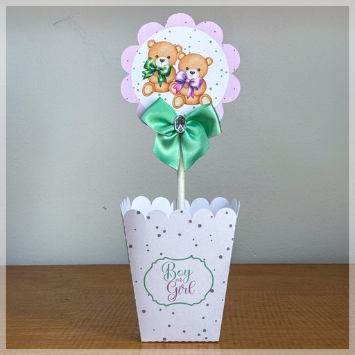10 Centro de Mesa /Cachepot Personalizado - Chá de Bebê / Revelação Ursinho Verde e Lilás - Lembrancinha - PEGUE E MONTE