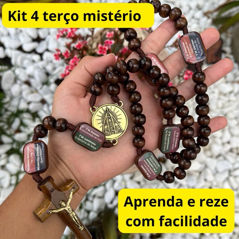 Terço Contemplação Dos Mistérios Nossa Senhora Aparecida Madeira Resina Bronze Original em Oferta na Shopee