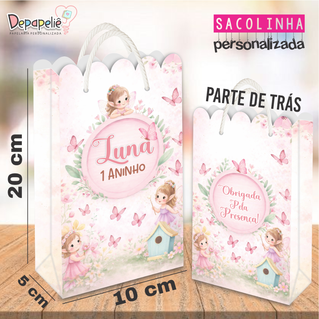 Sacolinha Personalizada Jardim Encantado  Fadas e Borboletas  Lembrancinha Festa Infantil Aniversário Brindes Sacola