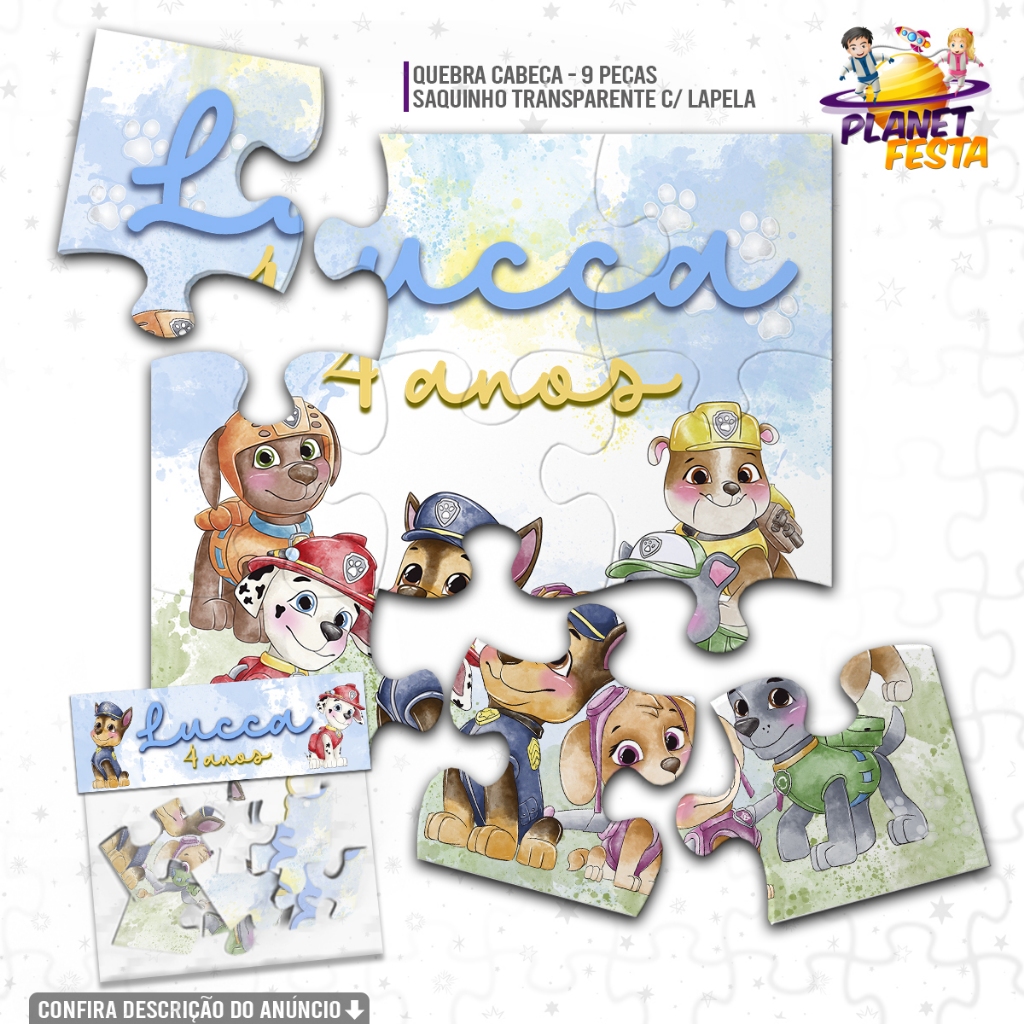 Quebra-Cabeça Personalizado Patrulha Canina Aquarela | Lembrancinha de Aniversário 9 Peças