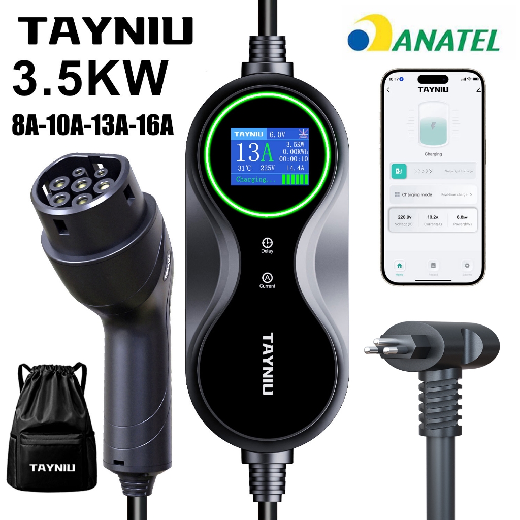 TAYNIU Carregador de Veículo Elétrico 3.5kW 5m Tipo 2 Portátil Compatível com BYD Dolphin, Caoa Chery iCar e Outros