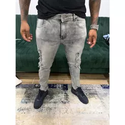 Calça, Jeans Masculina estilo jogador Cinza Chumbo Destroyed