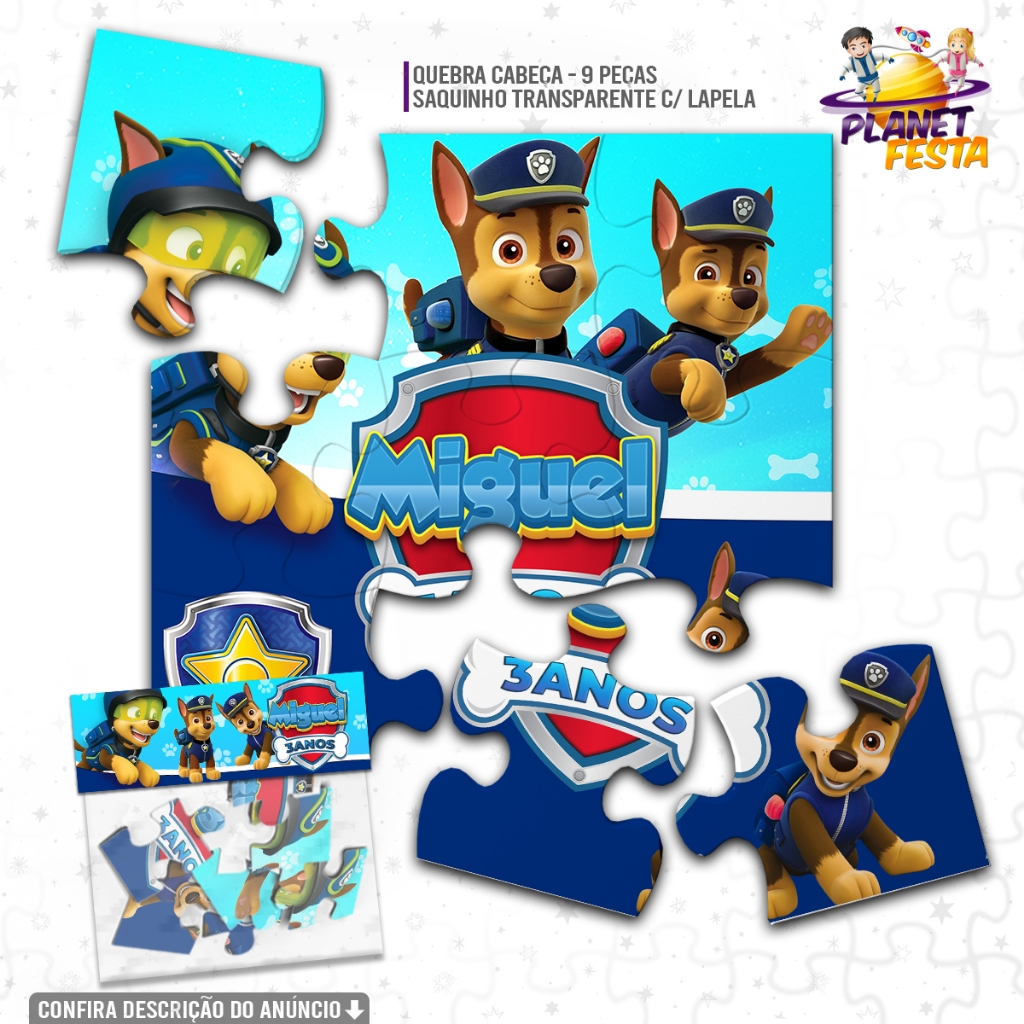 Quebra-Cabeça Personalizado Patrulha Canina Chase | Lembrancinha de Aniversário 9 Peças