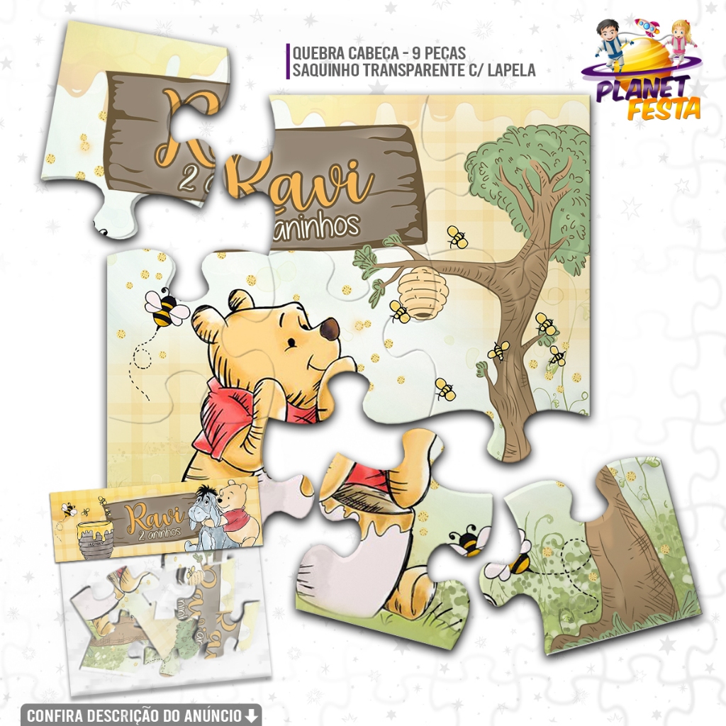 Quebra-Cabeça Personalizado Ursinho Pooh | Lembrancinha de Aniversário 9 Peças