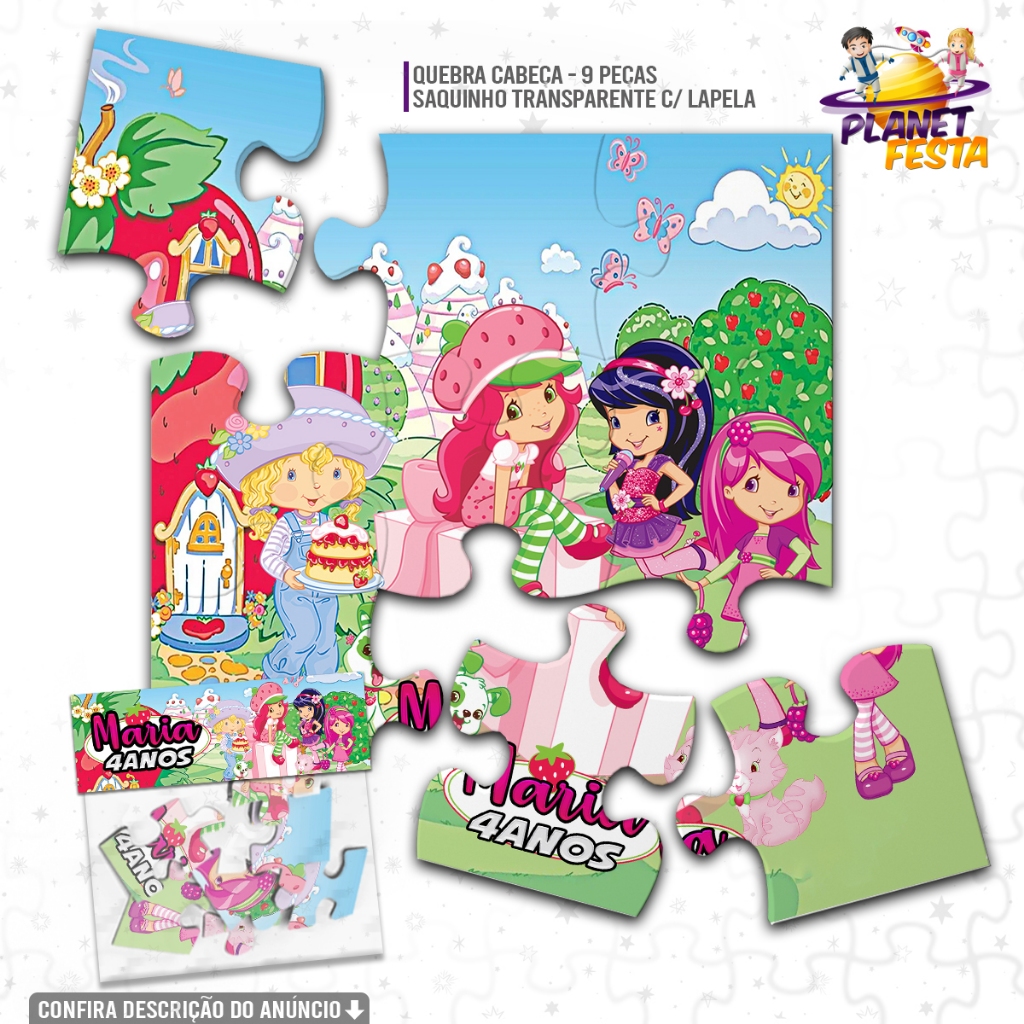 Kit 16 Quebra-Cabeça Personalizado Moranguinho | Lembrancinha de Aniversário 9 Peças