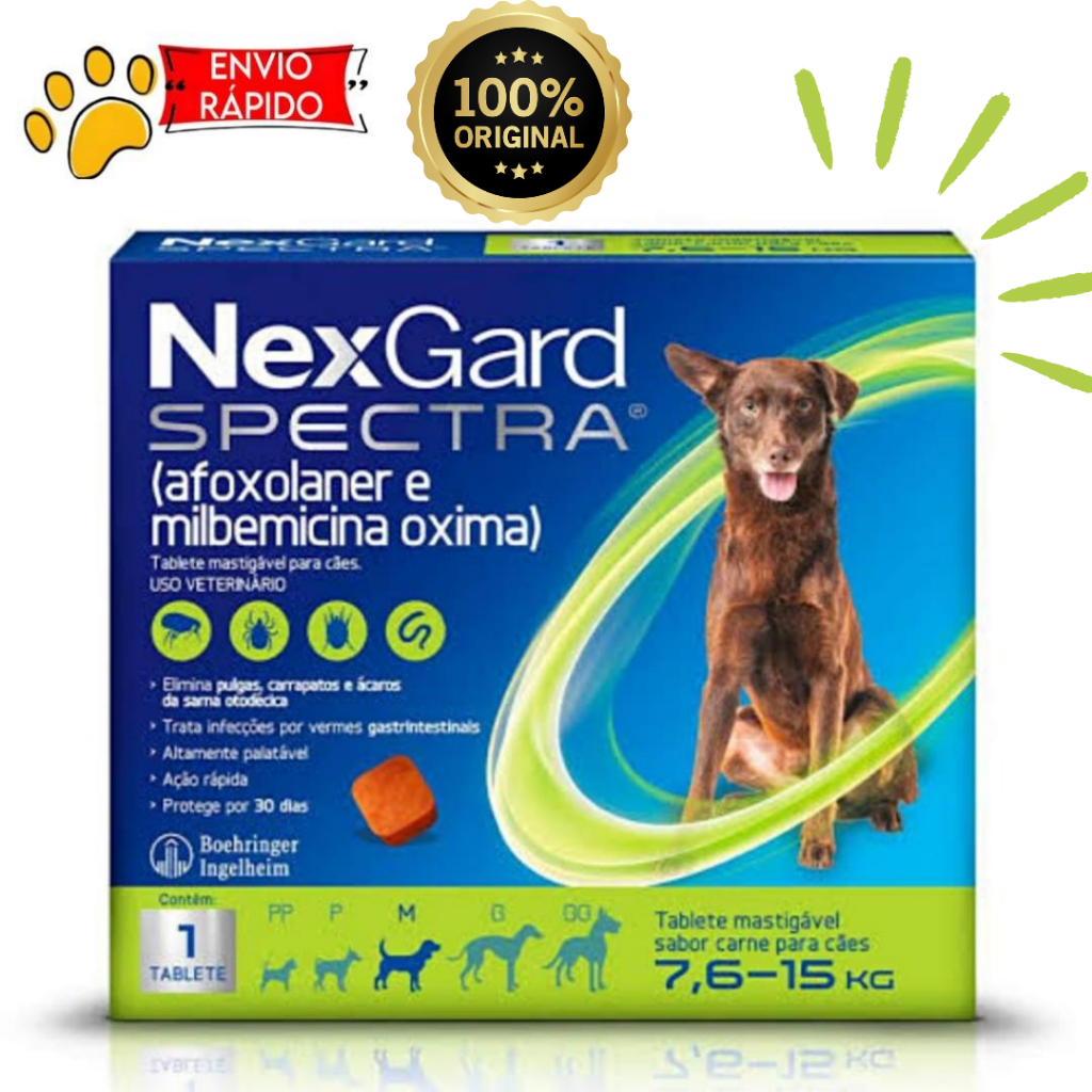 NexGard Spectra, antipulgas e carrapatos, para Cães de 7,6 a15kg Cx c/ 1 comprimido, Envio Rápido.