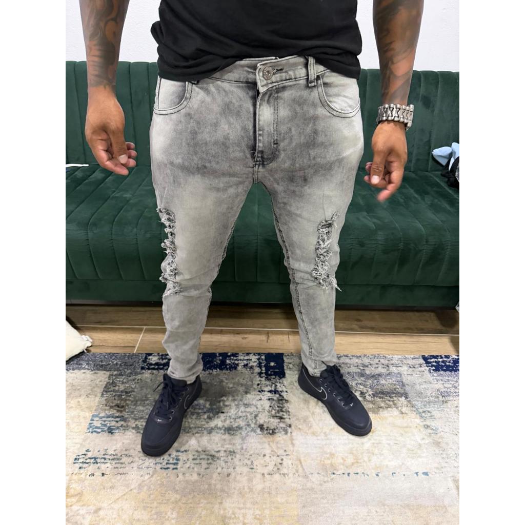 Calça Jeans Masculina Destroyend Cinza Grafite em Oferta na Shopee