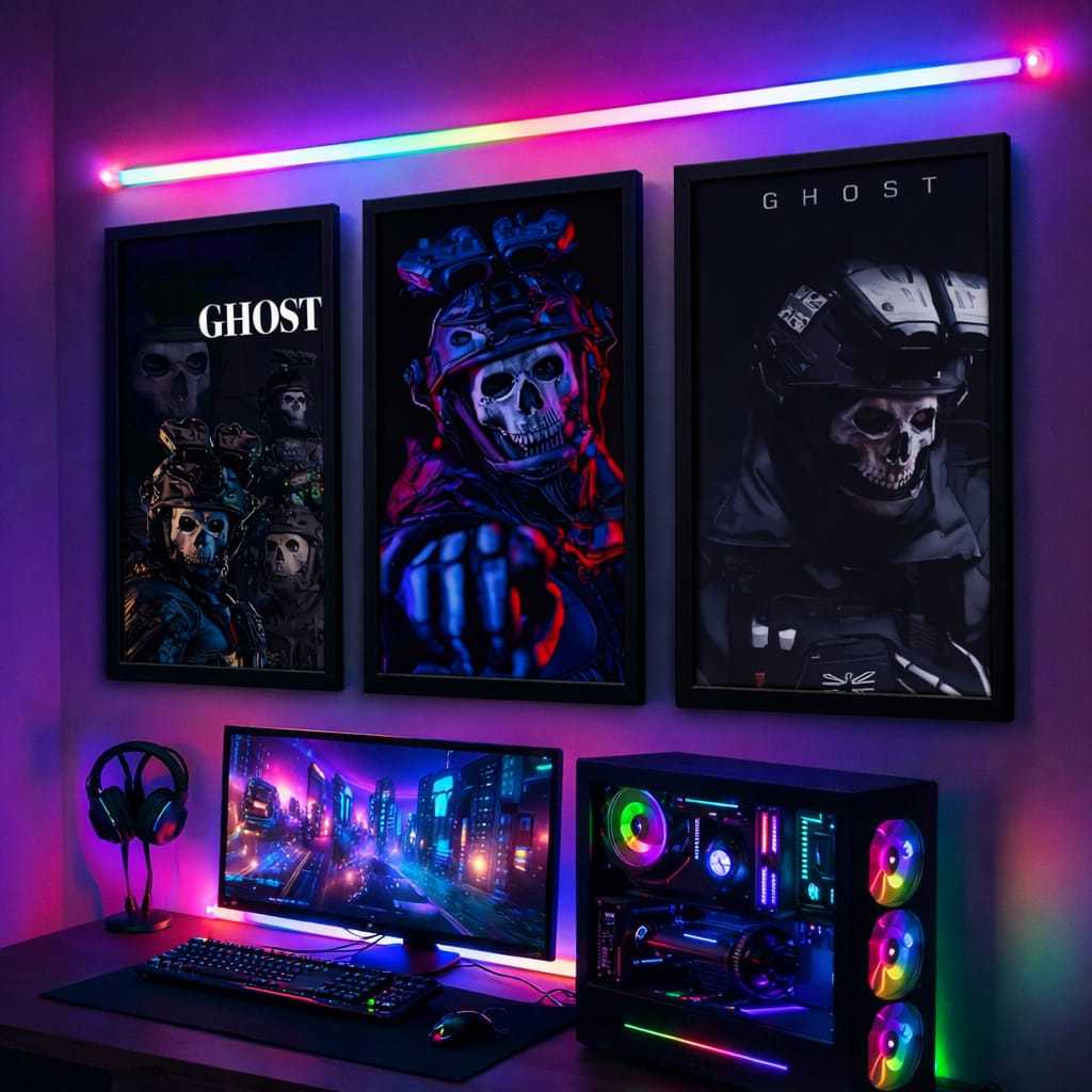Kit 3 Quadros Gamer RGB Neon Decoração Quarto