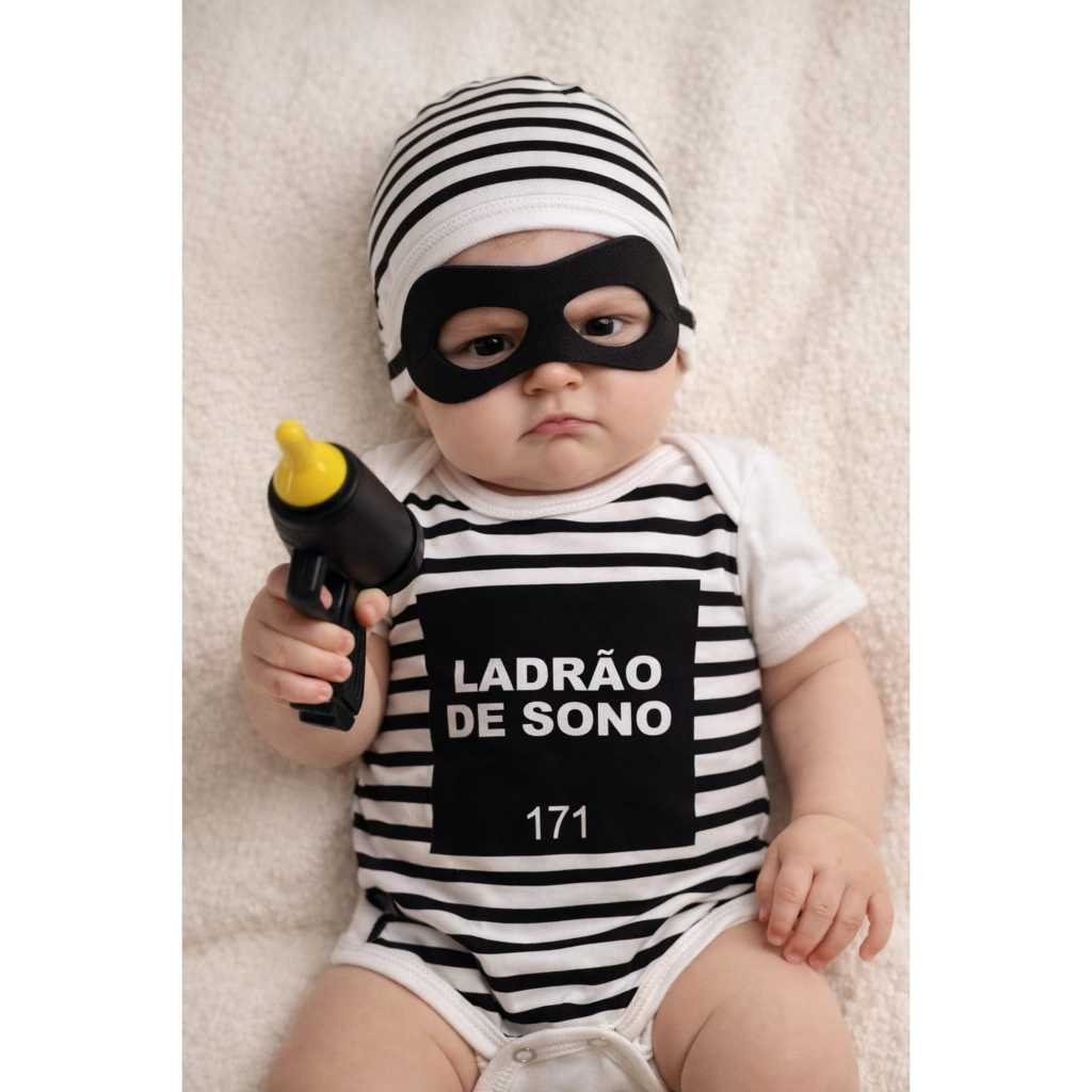 Body Ladrão de Sono Bebê com Máscara + Touca + Pistobaby 3D | Fantasia Infantil Mesversário