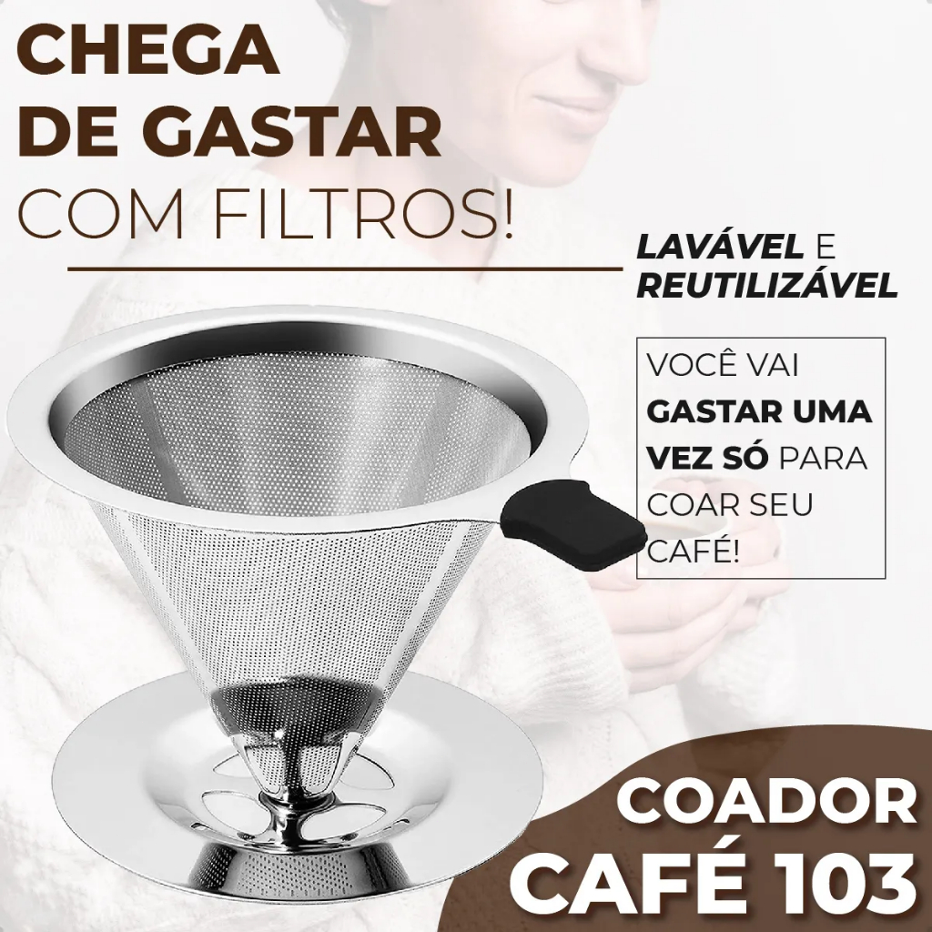Detalhes do Filtro De Café Inox Ecológico Peneira Aço Inox Durável Unitermi Coador com Base Filtro Reutilizável Sustentável