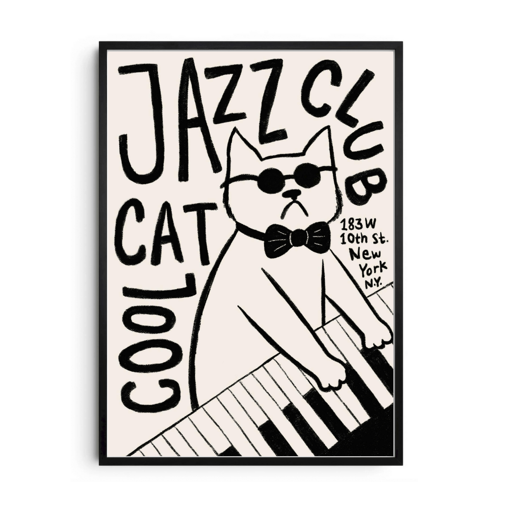 Quadro Gato Jazz Vintage Cool Cat | Arte Preto e Branco Retrô | Poster Premium A3/A4 Moldura Preta em Oferta na Shopee