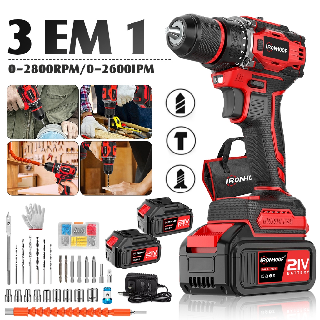 Brushless Parafusadeira Furadeira De Impacto 21V 2 Baterias 120N.m em Oferta na Shopee