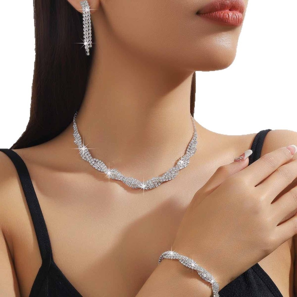 Conjunto Colar Brinco Pulseira Feminino Prata Strass Luxo Festa Casamento Formatura Elegante Brilhante