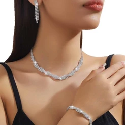Conjunto Colar Brinco Pulseira Feminino Prata Strass Luxo Festa Casamento Formatura Elegante Brilhante