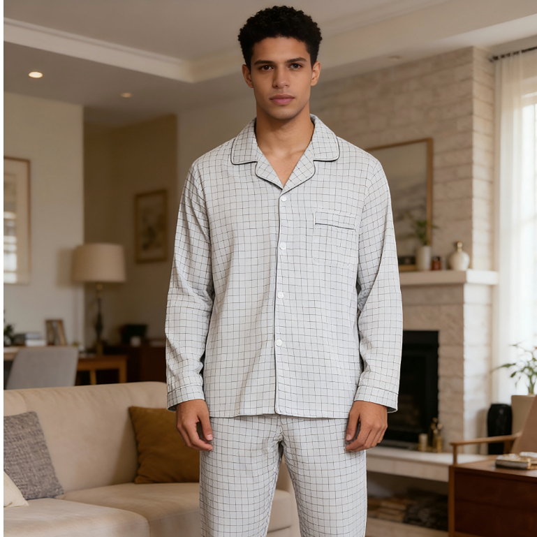 Pijama Conjunto Masculino Comprido Confortável, Estampa Moderna Para Casa E Todas As Estações