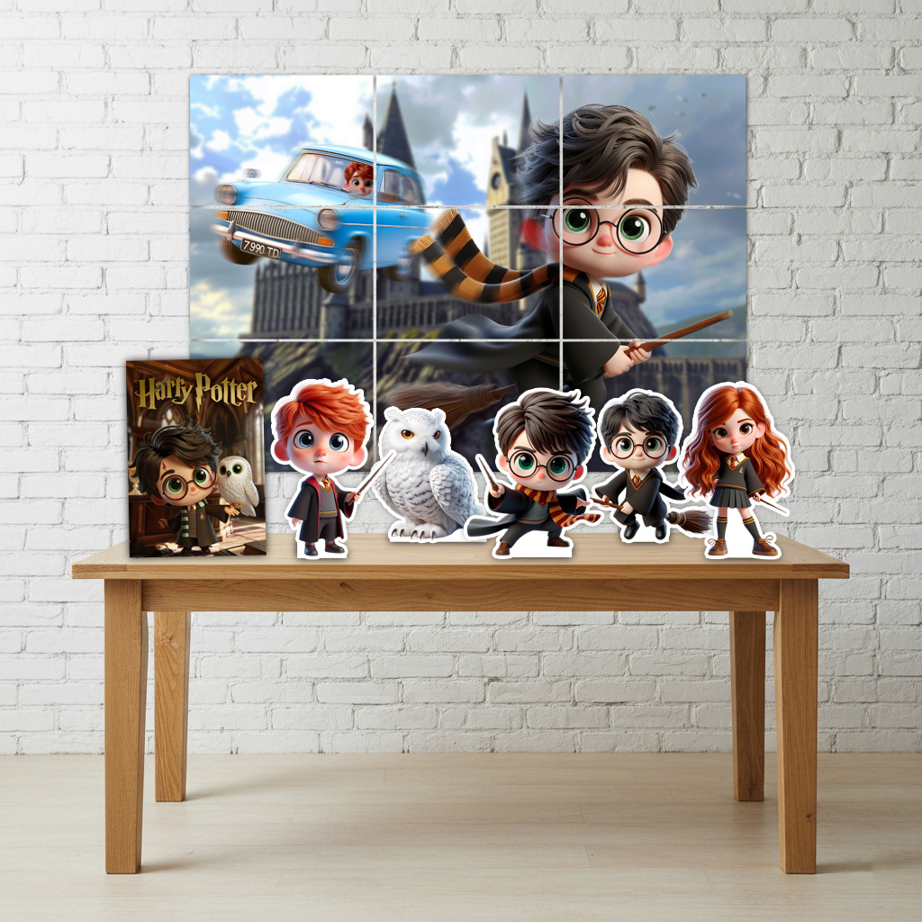 Kit Decoração Festa Infantil Painel + 5 Displays + Quadro de Mesa Harry Potter Cute