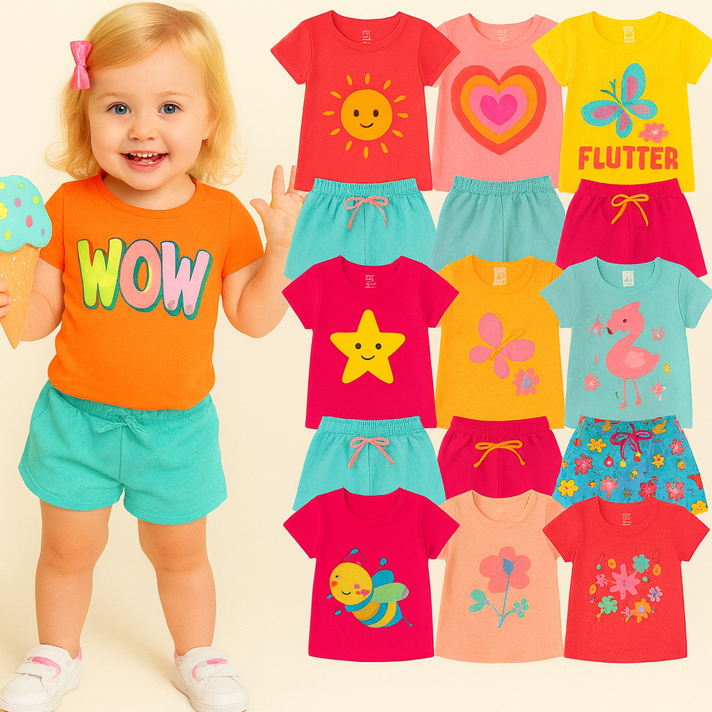 Kit Sortido 2 ou 4 Peças de Roupas Infantil Bebê Menina Verão Camisetas + Shorts Conjuntos de Bebê VERÃO Infantil Menina
