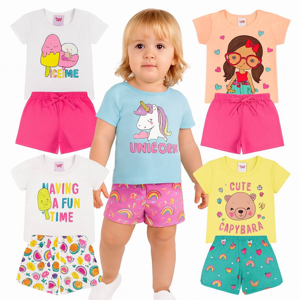 Kit Sortido 2 ou 4 Peças de Roupas Infantil Bebê Menina Conjuntos Bebê Infantil Verão Manga Curta Estampas Sortidas