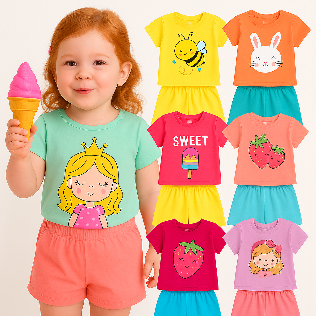 Kit Sortido 2 ou 4 Peças de Roupas Infantil Menina Verão Conjunto de Verão Bebê Infantil Manga Curta Estampas Sortidas