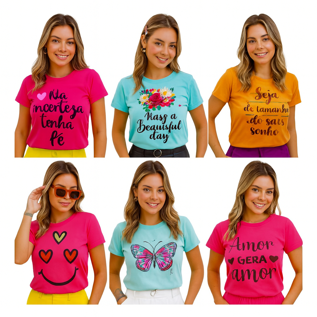 Kit Sortido 1 ou 5 Blusa Feminina Baby Look Gola Redonda Manga Curta Feminina Camiseta Feminina Cores Sortidas